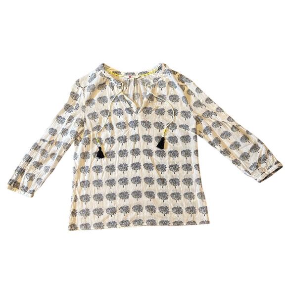 Boden White & Blue Boho Gauzy Cotton Tassel Tie-Neck Top, Size 4, EUC - Picture 1 of 4